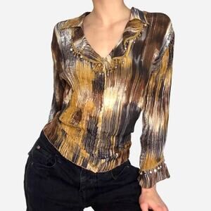 Pleated top embellished black gold collared buttonup ruffled - medium dressbarn